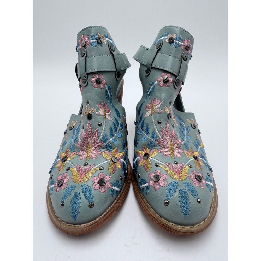 Floral Embroidered Western Ankle Booties Blue Studded Boho Fairycore Cowgirl Y2K - Picture 2 of 9